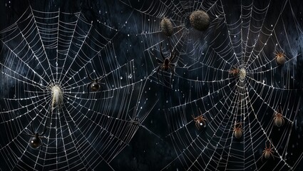 Obraz premium Intricate spider webs adorned with spiders in a dark, atmospheric setting
