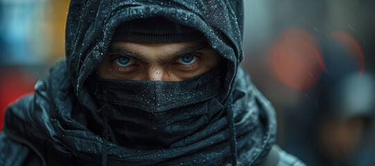 Male thief in mask and hood close-up