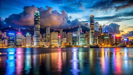 Fototapeta premium Stunning Night Skyline of Hong Kong Showcasing Illuminated Skyscrapers and Vibrant City Lights Perfect for Urban Landscapes and Travel Photography Enthusiasts