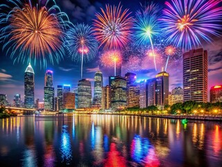 Stunning Nighttime Cityscape with Illuminated Skyscrapers and Colorful Fireworks Over a Calm River, Perfect for Showcasing Urban Beauty and Festive Vibes