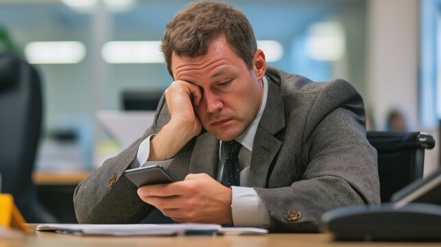 Frustrated businessman checks phone for updates while stuck in tedious meeting