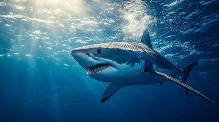 Fototapeta premium A great white shark glides through clear ocean waters, illuminated by sunlight, showcasing its strength and elegance in its natural habitat
