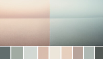 Fototapeta premium A serene and minimalist image featuring two color palettes inspired by a misty landscape. The left side showcases warm, earthy tones, while the right side displays cool, calming hues.
