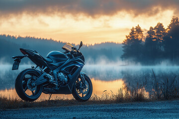 Fototapeta premium A motorcycle parked by a tranquil lake at sunrise amid misty trees