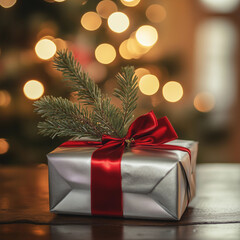 Sleek silver-wrapped present with a satin red bow