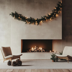 Sleek modern lighted fireplace with a few carefully placed pine cones and a simple holiday garland above