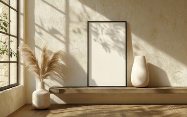 3D rendering of a modern boho-themed room featuring a black frame mockup with a white poster on a wooden floor. 