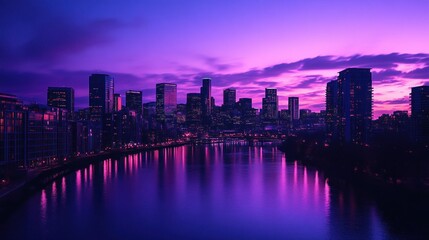 Fototapeta premium Vibrant Cityscape at Dusk with Purple Sky Reflections