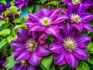 Stunning Purple Clematis Blooms Captured in Elegant Product Photography Showcasing Their Lush Petals and Natural Beauty Ideal for Floral Design Inspiration and Home Decor