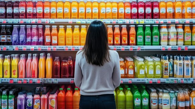 Woman Choosing Juices in Colorful Grocery Aisle