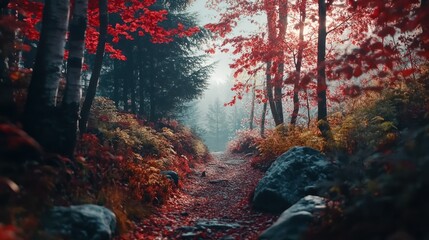Obraz premium Serene Autumn Pathway in Vibrant Forest