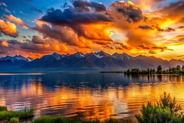 Fototapeta premium Stunning Silhouette Photography of the Breathtaking Landscape at IssykKul Lake, KoshKul, Kyrgyzstan during Sunset with Majestic Mountains in the Background