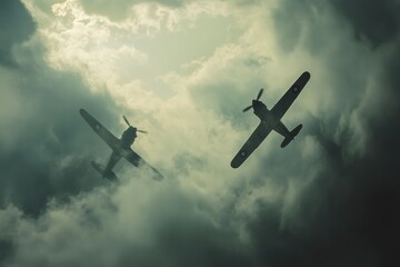 Vintage Aircraft Flying Through Dramatic Clouds