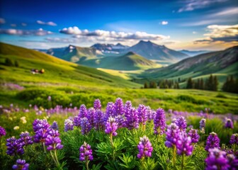 Stunning Tilt-Shift Photography of Purple Montana Wildflowers in Bloom, Capturing Nature's Beauty with a Dreamy Miniature Effect and Vibrant Colors Against a Scenic Landscape