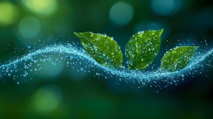 Fototapeta premium Water droplets shimmer on vibrant green leaves, capturing sunlight in a tranquil environment filled with soft, blurred greenery