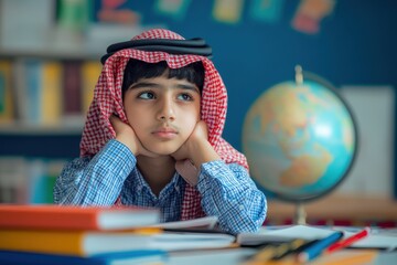 Young Boy in Traditional Headwear Leaning on Hands While Studying