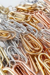 Shiny metal paper clips in a pile.