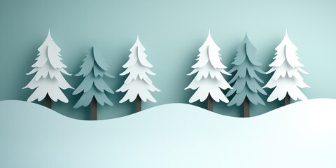 Obraz premium A whimsical paper cutout scene featuring snow-covered trees on a soft blue background.