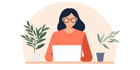 A woman working on a laptop surrounded by indoor plants in a cozy workspace.