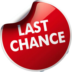 A vibrant red circular sticker with a glossy finish on a transparent background, featuring the word "Last Chance!" in bold white letters. The corner appears slightly peeled, creating a 3D effect.