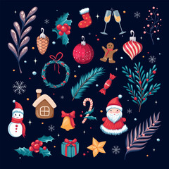 Set of Christmas elements, Christmas clip art vector images, holiday clip art, xmas, santa, Christmas gift, Christmas tree, snowman, digital illustrations