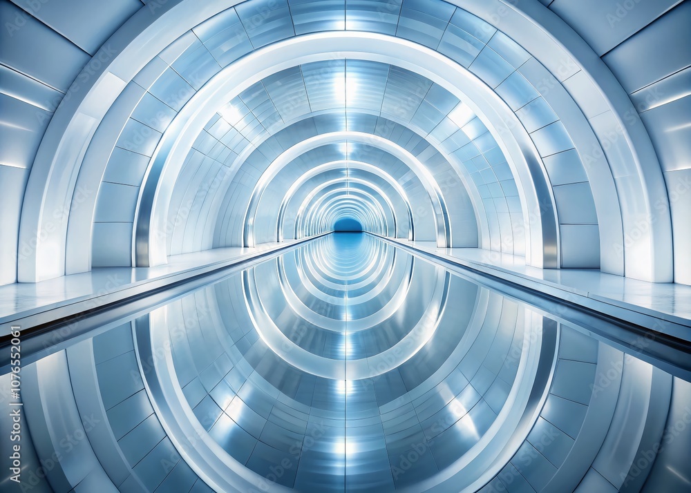 Poster surreal and abstract view of a futuristic tunnel with white flowing shapes and mirrored reflections 