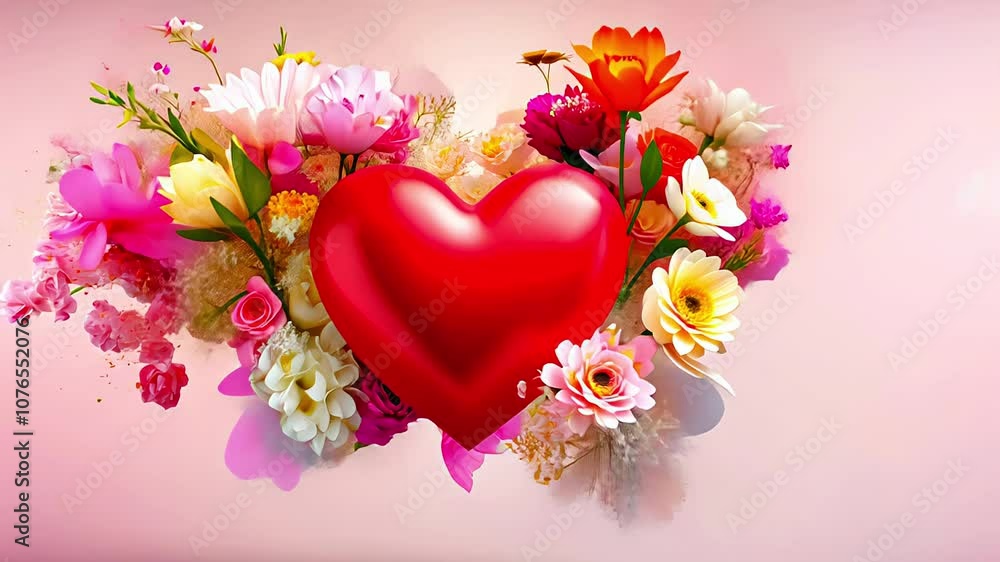 Canvas Prints Heart-Shaped Floral Explosion: Vibrant Pink Flowers and Heart Symbol floating on Pastel Background. Valentine's day or Mother's day concept