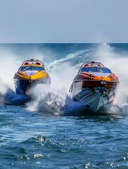 Fototapeta premium Speedboats race at high velocity, churning the ocean water with powerful, in an intense display of water sportsmanship.