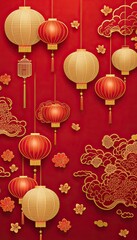 Chinese New Year red decorative frame with lanterns on red background.Envelope for chinese new year celebrations and festive occasions. 2025 year of the snake chinese new year. 3d render 