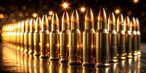 Surreal Arrangement of Golden Bullets on a Table with Dreamlike Lighting and Shadows, Capturing the Essence of Conflict and Reflection in a Unique Composition