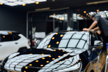 A close-up blurred picture of a technician in a high-end car wash shop polishing a black luxury vehicle Premium car care and professional car cleaning.