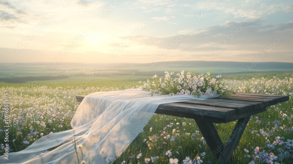 Poster A white tablecloth is spread out on a wooden picnic table in a field of flowers