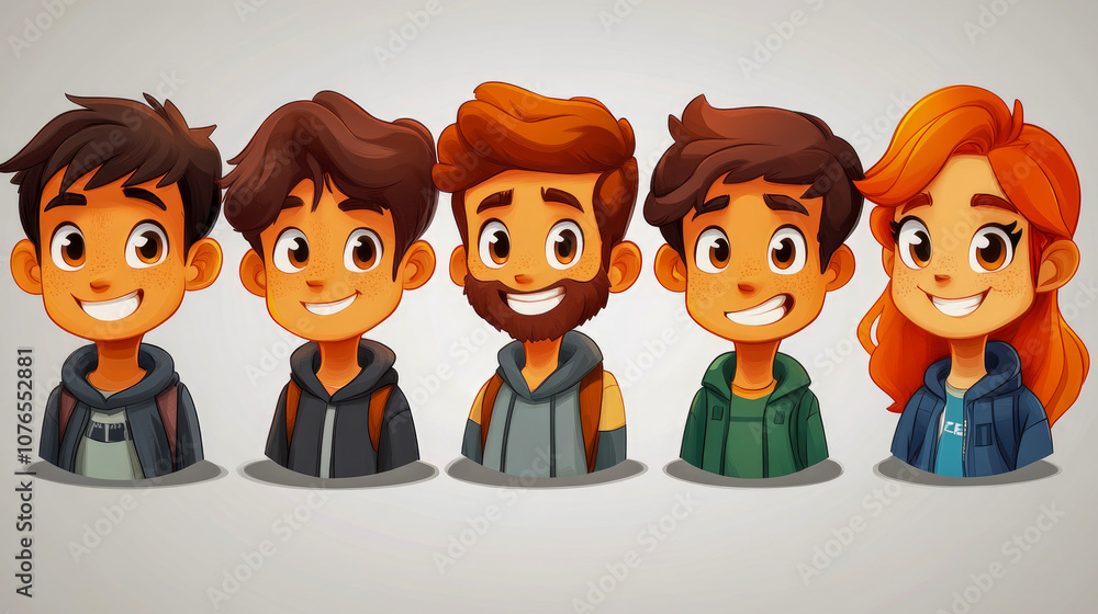 Poster five cheerful animated characters display various hairstyles and expressions, creating a fun and fri