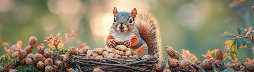 Obraz premium Cute Squirrel Holding Peanut in its Paws, Surrounded by Nuts in a Natural Setting The Squirrel's Sharp Fur Details are Visible in this Stunning Wildlife Photograph