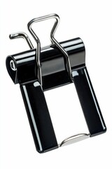 Black metal binder clip open, isolated.