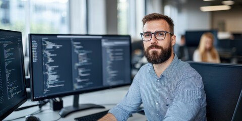 Focused programmer working on complex coding projects in a modern office.