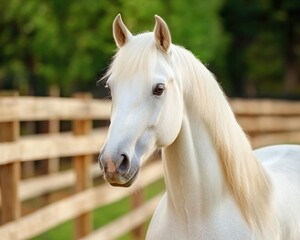 Obraz premium Majestic White Horse Standing in Warm Golden Sunset Light, Casting Long Shadow on Green Pasture, Equestrian Photography