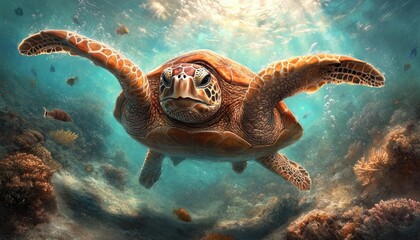 Obraz premium Sea Turtle Gracefully Navigates a Vibrant Coral Reef Ecosystem, A Glimpse into the Wonders of Marine Biodiversity