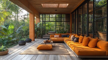 Cozy outdoor lounge with orange cushions surrounded by greenery.