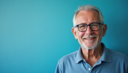 Cheerful Senior Man Smiling Against Turquoise Background with Copy Space