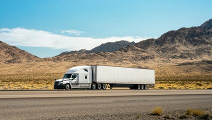 Semi-Truck Driving Through Mountainous Desert Landscape