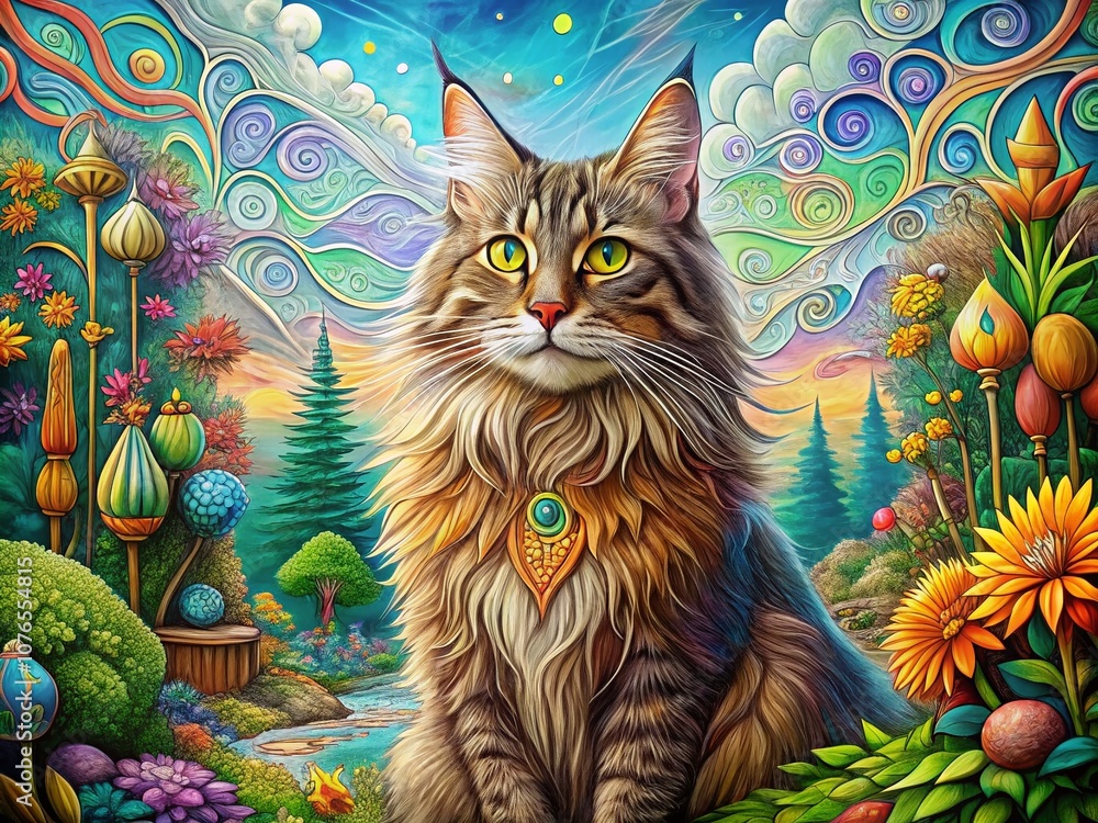 Poster surreal intricate line art of a maine coon cat with whimsical patterns and fantasy elements for a un