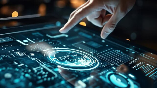 A technology consultant working on business automation systems, demonstrating solutions on a futuristic platform.