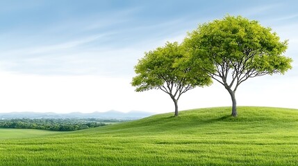 Obraz premium The lush green field is dotted with evenly spaced trees, their branches reaching upwards towards the clear, blue sky