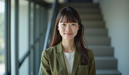 Young professional with confident smile standing against staircase background