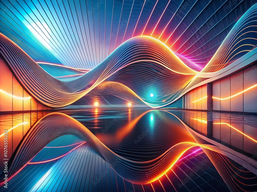 Poster surreal minimal lines abstract background with futuristic tech waves and digital frequency elements 