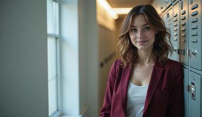 Fototapeta premium Confident professional woman smiling in office hallway against lockers