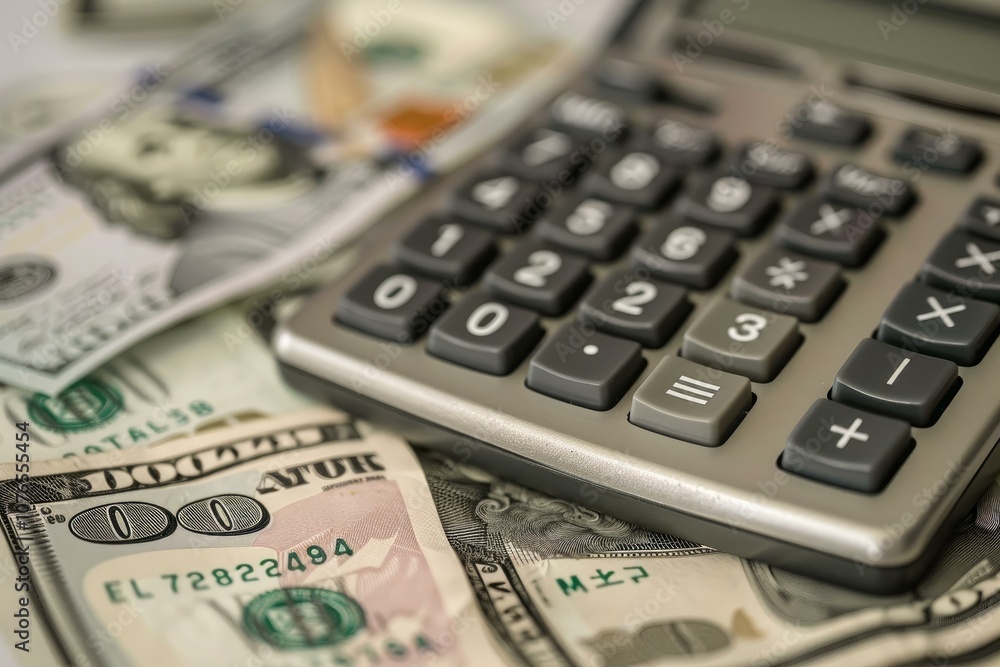 Poster accountant is calculating expenses with a calculator and dollar bills on a desk