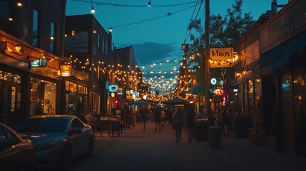 Obraz premium Nighttime View of a City Street with String Lights and People Walking