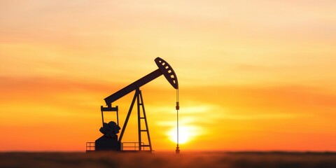 Silhouette of an oil pumpjack against a vibrant sunset sky, symbolizing energy production.